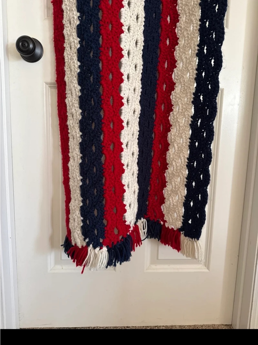 Hand Knit Crochet Red/White/Blue Blanket with tassels - Picture 5 of 12
